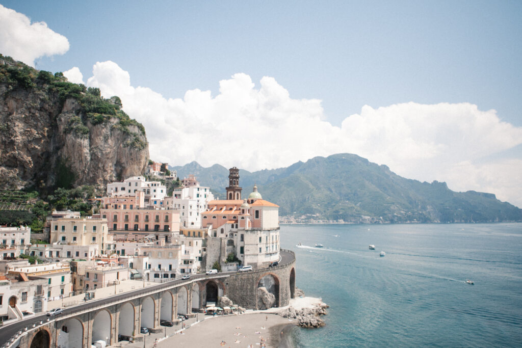 Pastel cliffside village of Atrani on the Amalfi Coast, Italy, overlooking the Tyrrhenian Sea — a romantic and intimate elopement destination with Mediterranean charm and breathtaking coastal views