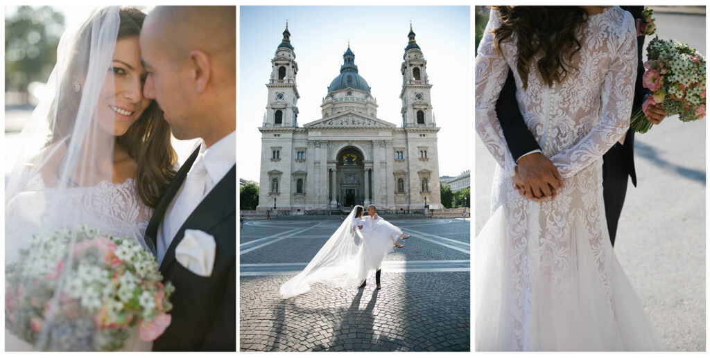 Bride and groom embracing in front of St. Stephen’s Basilica in Budapest, elegant European city wedding photography