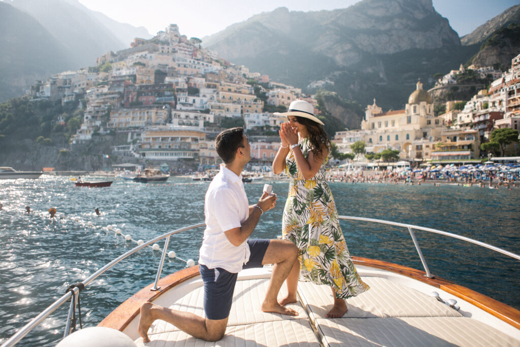 Romantic Amalfi Coast proposal on a boat in Positano, Italy – destination engagement photography