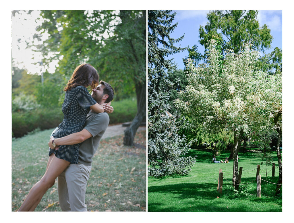 Kristof lifting Kenza in a joyful embrace during their engagement session in Jardin des Plantes, Toulouse.
