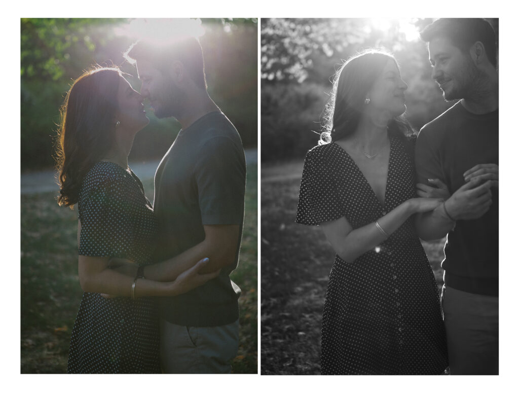 Kristof and Kenza during their engagement session in Toulouse, laughing together in the park before their wedding.
