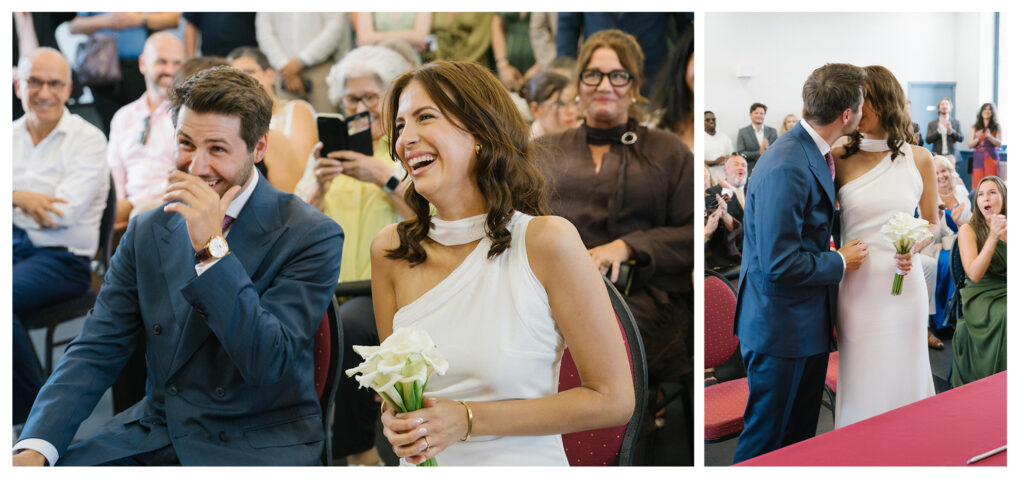 Guests laughing and celebrating during French countryside wedding reception.