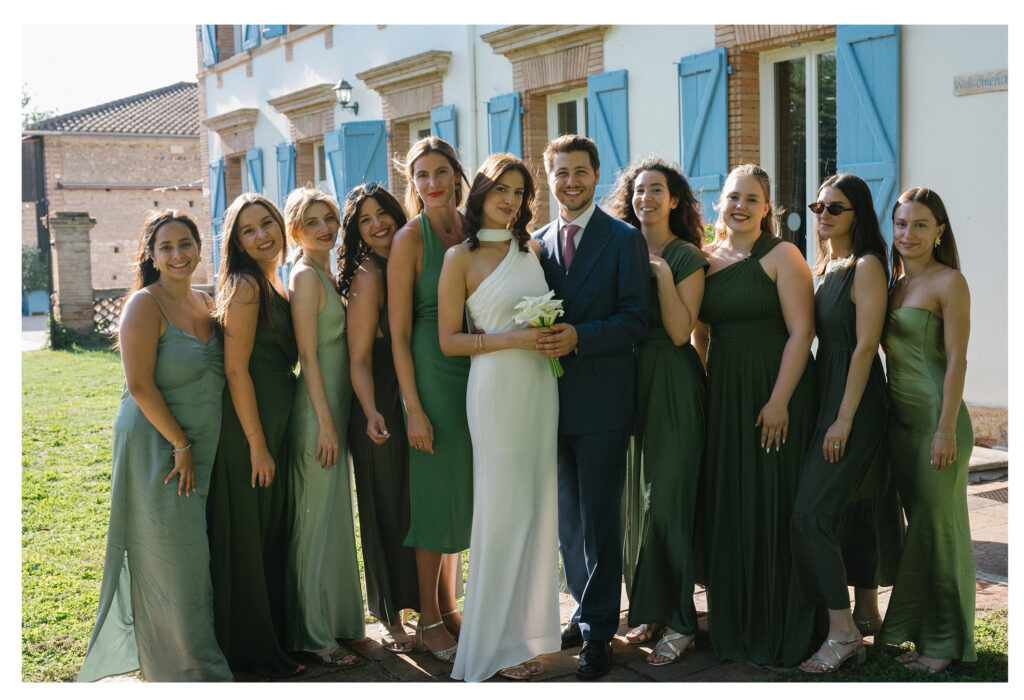 Bride and groom holding hands in vineyard at sunset, Toulouse wedding.