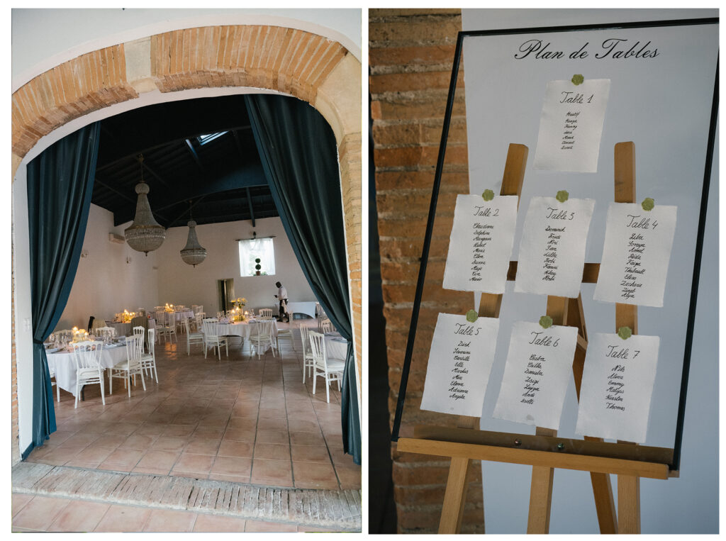 Elegant wedding table styling with candles and greenery runner.