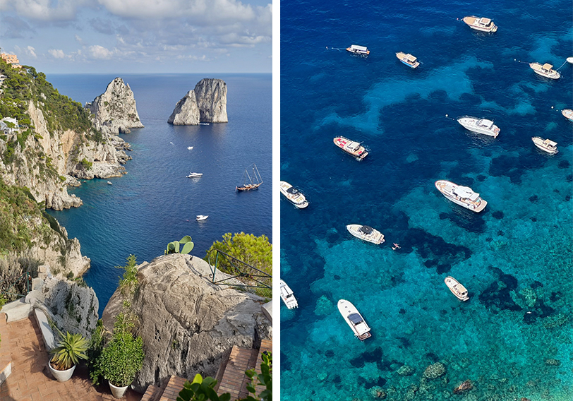 Romantic couple at a scenic Capri viewpoint overlooking the Faraglioni rock formations — an iconic glamorous proposal location on the Amalfi Coast. Capri  proposal locations
