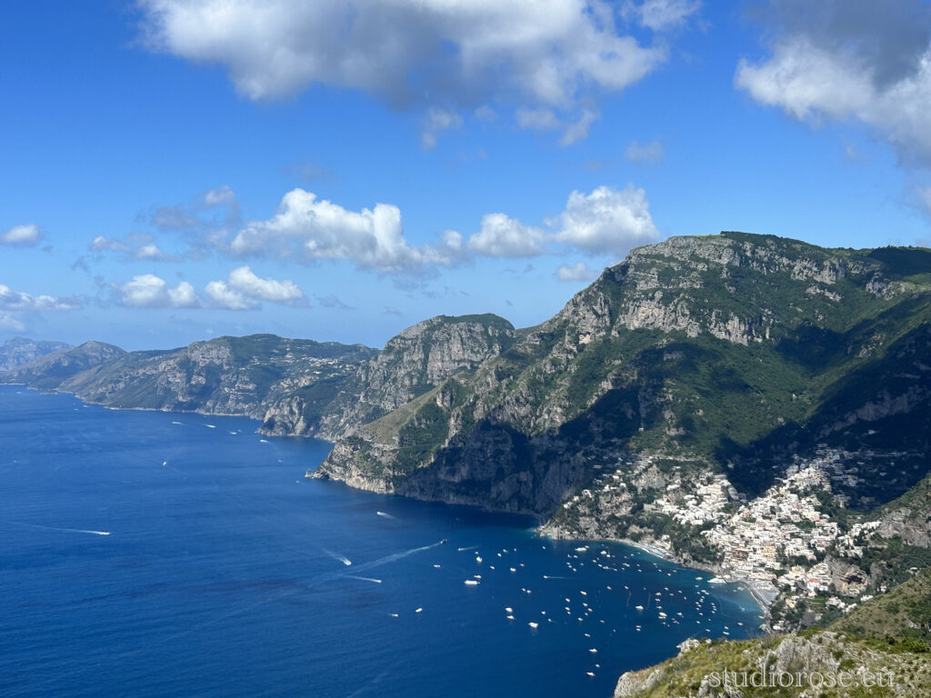 Breathtaking Positano coastline view from the sea — the perfect backdrop for romantic Amalfi Coast proposals.